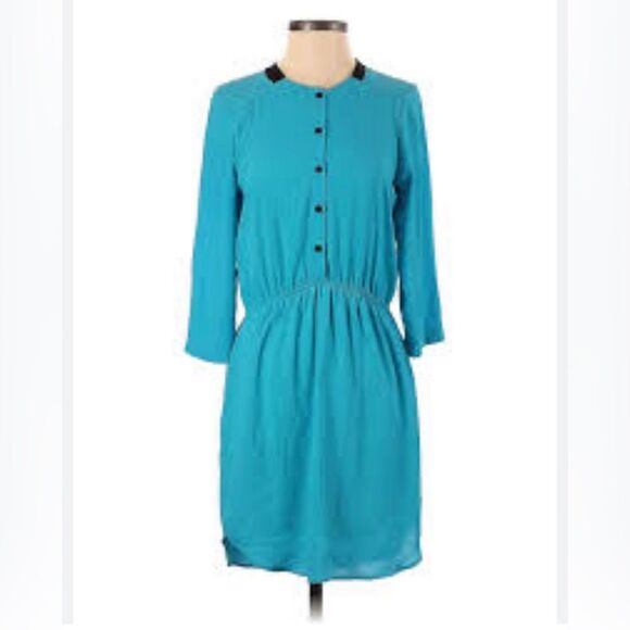 AQUA 3/4 sleeve midi dress 👗 teal/blue with black collar trim and buttons. Sz S - Picture 1 of 6